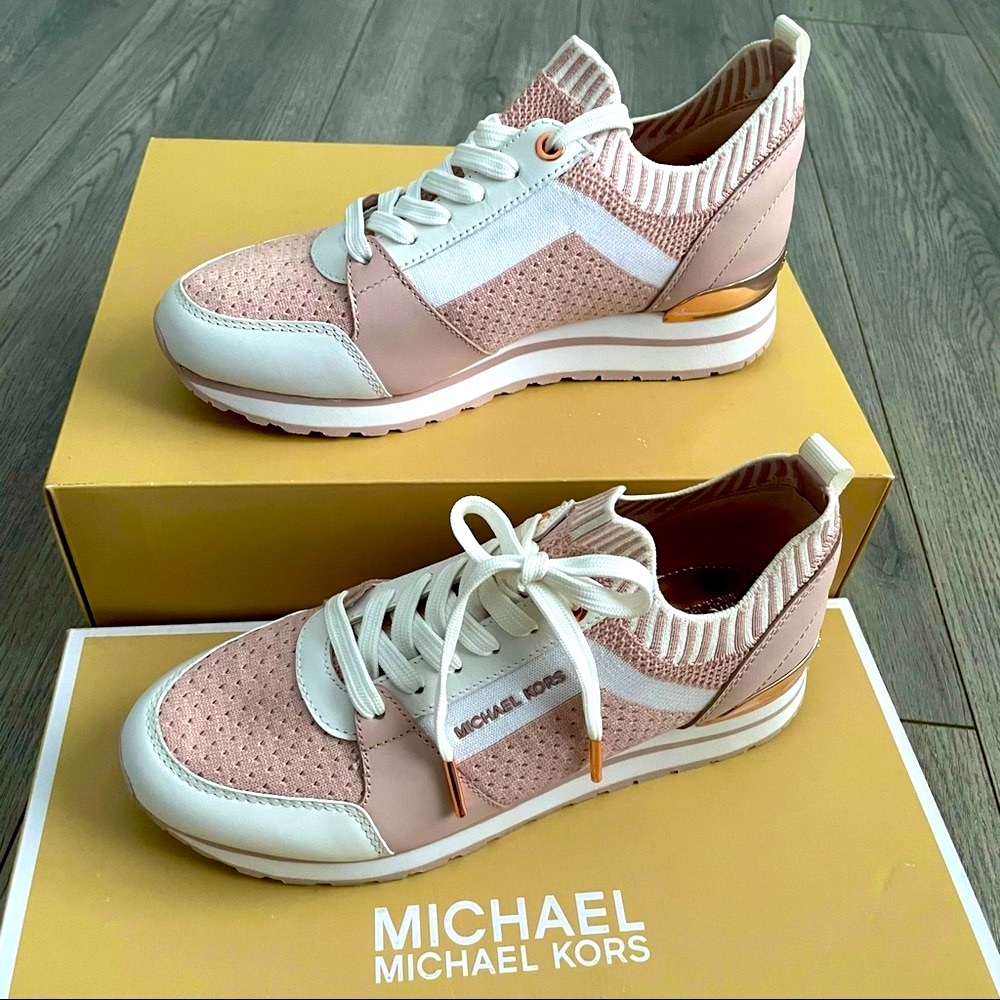 Michael Kors 🎾 Pink Rose Gold Lace Up Slip On Knit Sneakers